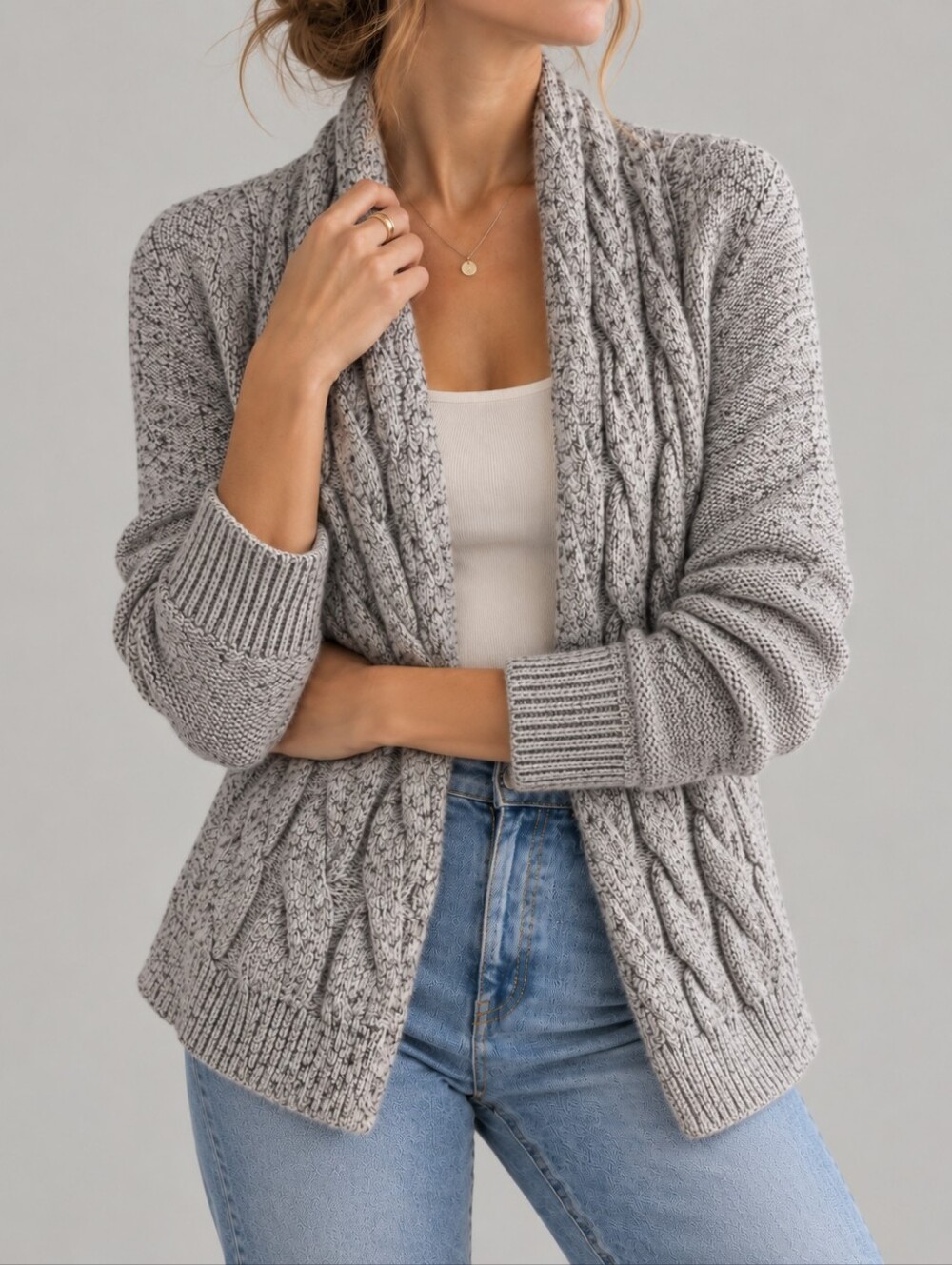 St. John Gray Marled Cable Knit Wool Blend Open Front Cardigan Womens Size Med.
